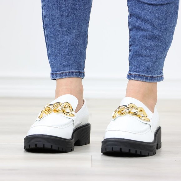 White Patent Chunky Lug Sole Slip On Penny Loafers Platform With Gold Chain - Picture 16 of 16